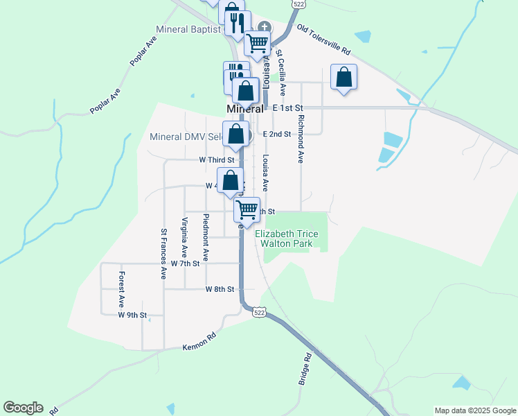 map of restaurants, bars, coffee shops, grocery stores, and more near 104 East 5th Street in Mineral
