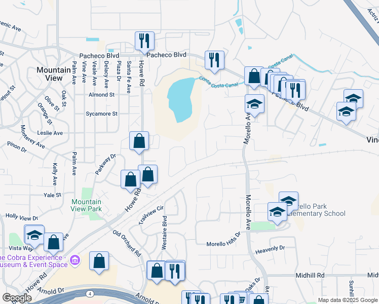 map of restaurants, bars, coffee shops, grocery stores, and more near 2581 Morello Heights Circle in Martinez