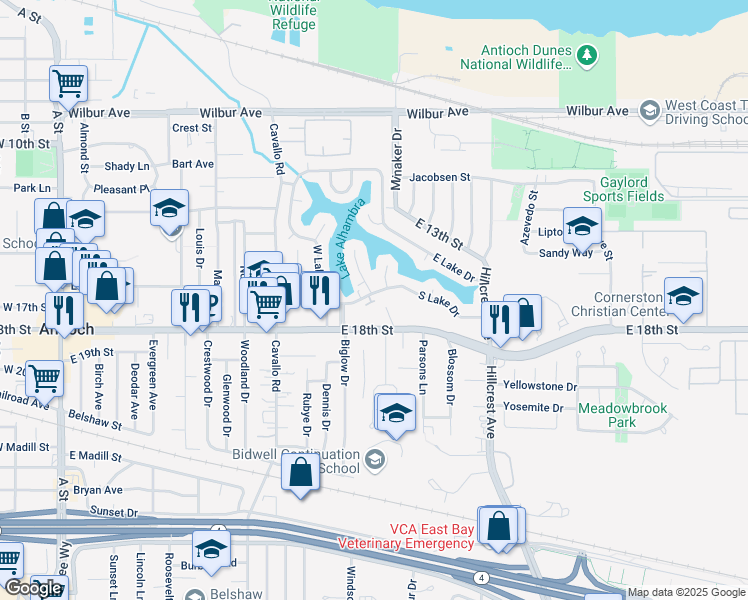 map of restaurants, bars, coffee shops, grocery stores, and more near 1710 Olive Lane in Antioch