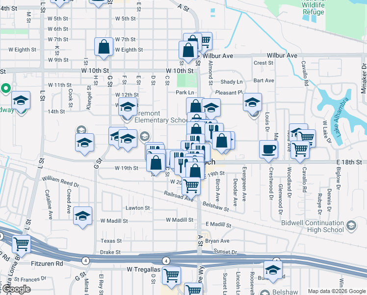 map of restaurants, bars, coffee shops, grocery stores, and more near 33 West 17th Street in Antioch