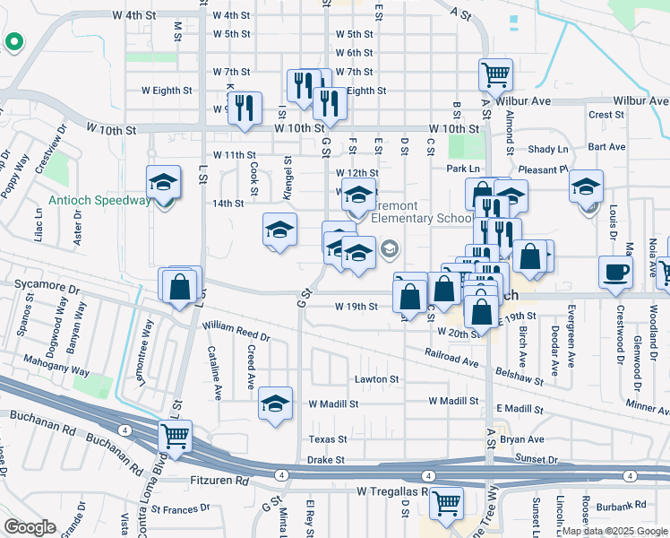 map of restaurants, bars, coffee shops, grocery stores, and more near 1708 F Street in Antioch