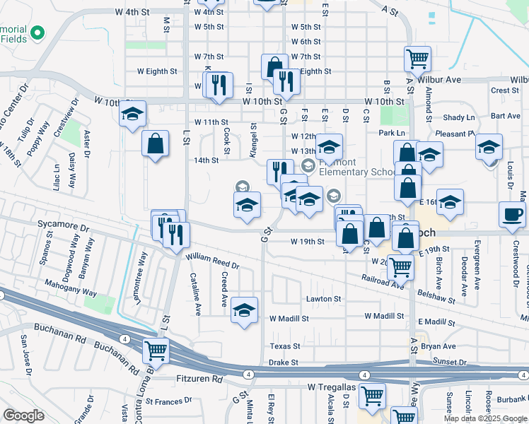 map of restaurants, bars, coffee shops, grocery stores, and more near 619 West 17th Street in Antioch