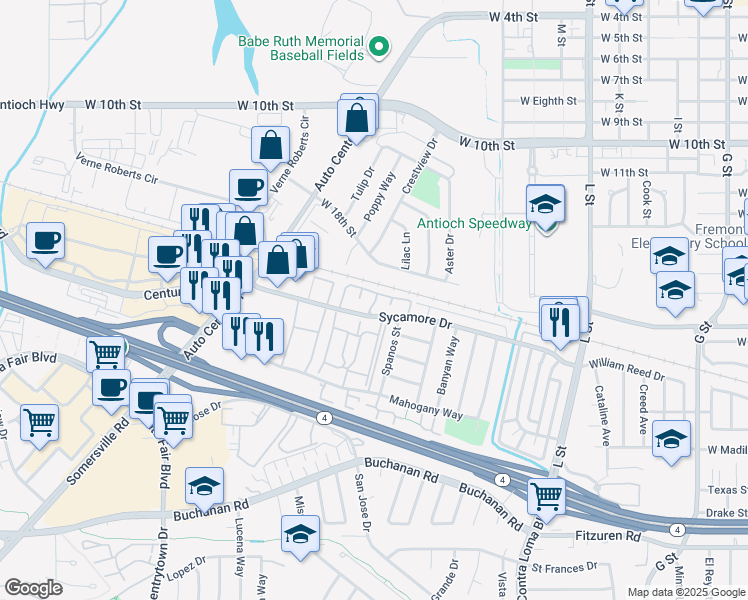 map of restaurants, bars, coffee shops, grocery stores, and more near 2200 Sycamore Drive in Antioch