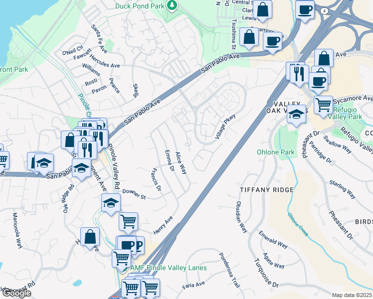 map of restaurants, bars, coffee shops, grocery stores, and more near 50 Scotts Valley in Hercules