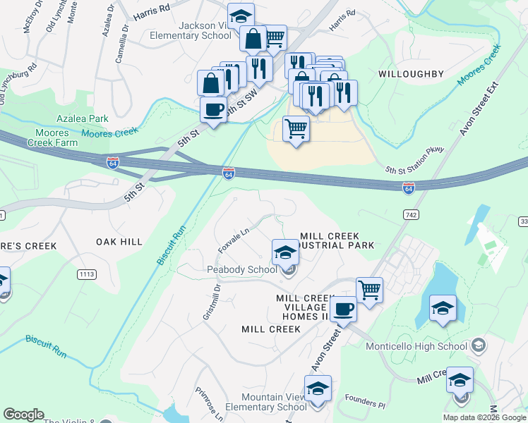 map of restaurants, bars, coffee shops, grocery stores, and more near 1155 Foxvale Lane in Charlottesville