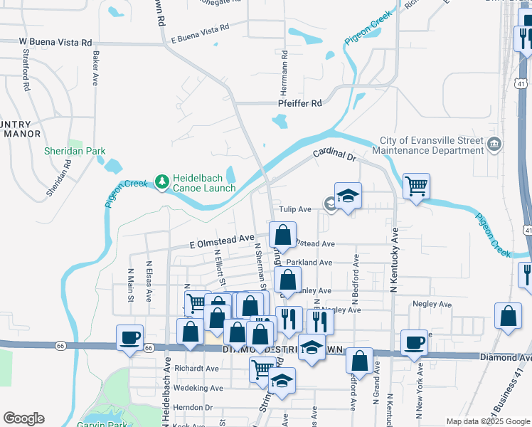 map of restaurants, bars, coffee shops, grocery stores, and more near 2725 North Sherman Street in Evansville