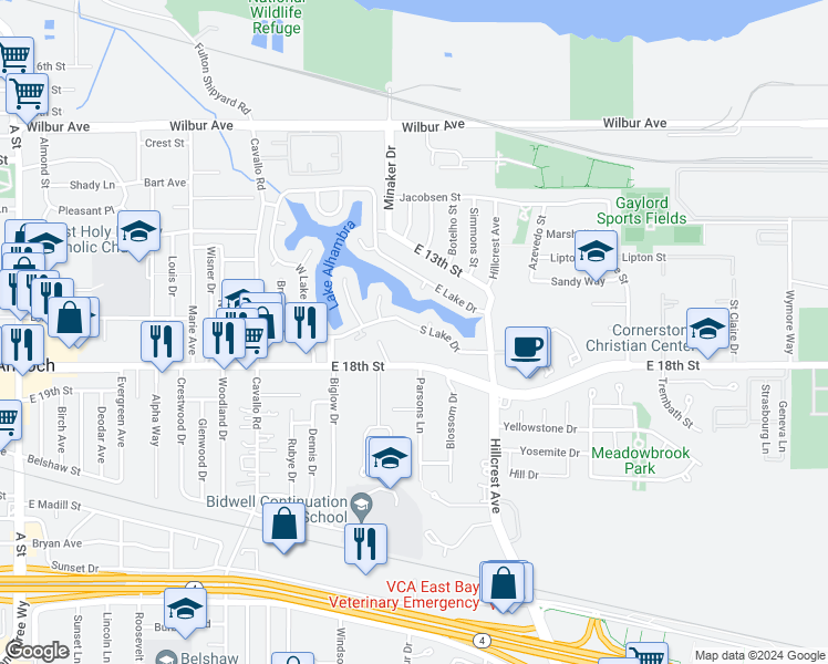 map of restaurants, bars, coffee shops, grocery stores, and more near 62 South Lake Drive in Antioch