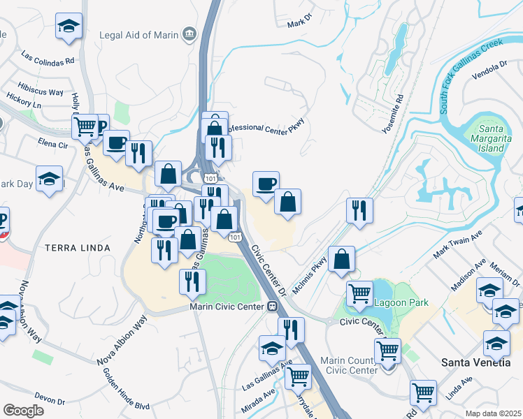 map of restaurants, bars, coffee shops, grocery stores, and more near 4040 Civic Center Drive in San Rafael