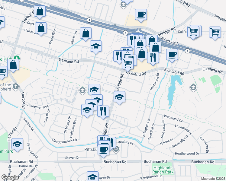 map of restaurants, bars, coffee shops, grocery stores, and more near 2300 Loveridge Road in Pittsburg
