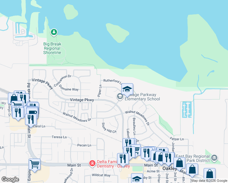 map of restaurants, bars, coffee shops, grocery stores, and more near 99 Galleron Court in Oakley