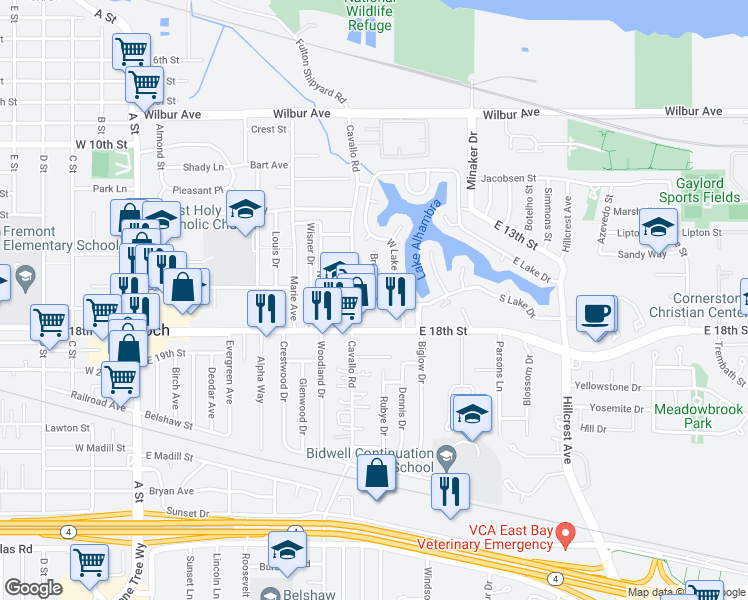 map of restaurants, bars, coffee shops, grocery stores, and more near 1698 Bruce Street in Antioch
