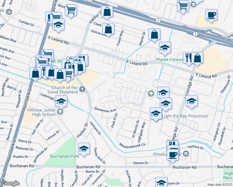 map of restaurants, bars, coffee shops, grocery stores, and more near 210 Kona Circle in Pittsburg