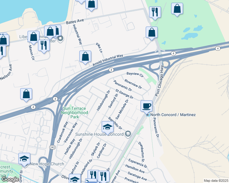 map of restaurants, bars, coffee shops, grocery stores, and more near 2279 Saint George Drive in Concord