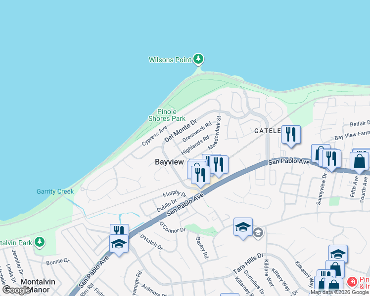 map of restaurants, bars, coffee shops, grocery stores, and more near 2228 Highlands Road in San Pablo
