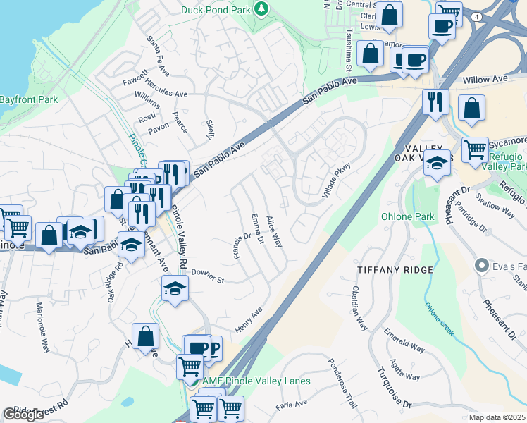 map of restaurants, bars, coffee shops, grocery stores, and more near 2654 Alice Way in Pinole