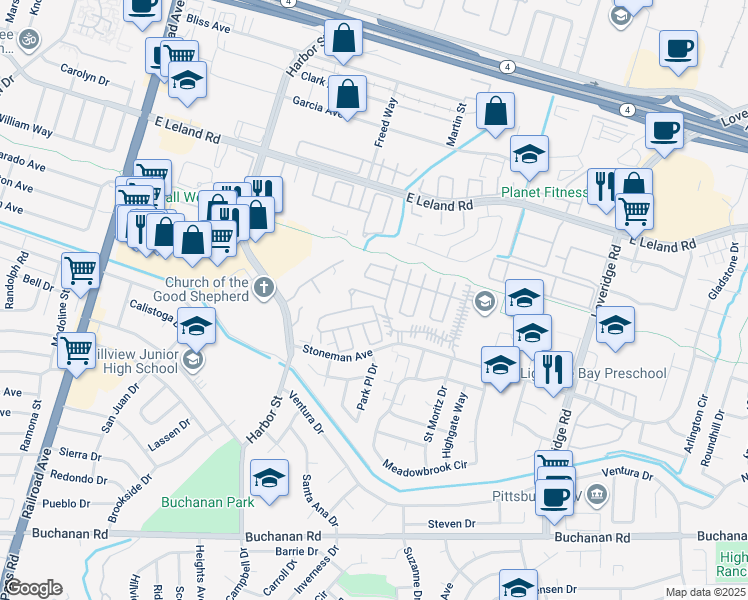 map of restaurants, bars, coffee shops, grocery stores, and more near 210 Kona Circle in Pittsburg