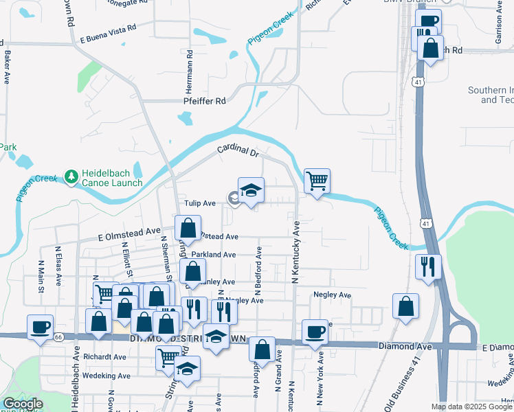 map of restaurants, bars, coffee shops, grocery stores, and more near in Evansville