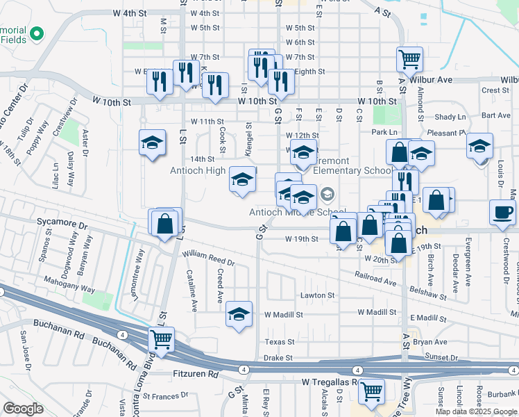 map of restaurants, bars, coffee shops, grocery stores, and more near 619 West 17th Street in Antioch