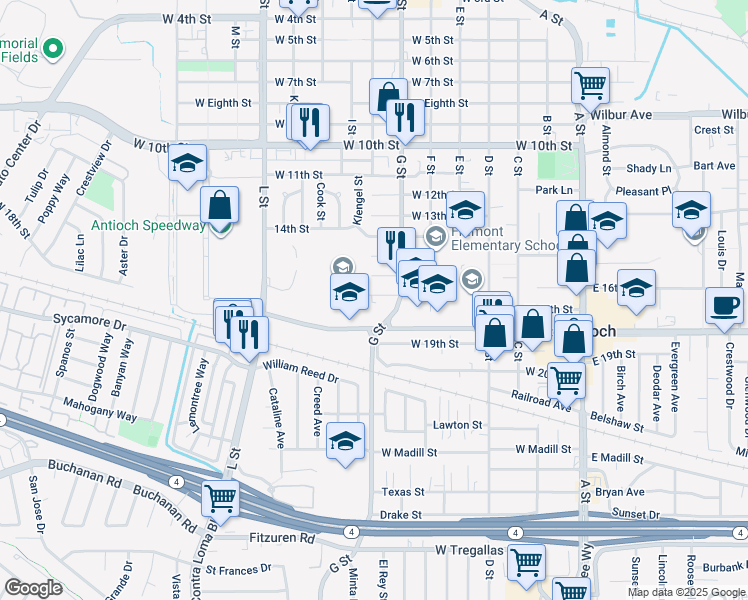 map of restaurants, bars, coffee shops, grocery stores, and more near 619 West 17th Street in Antioch