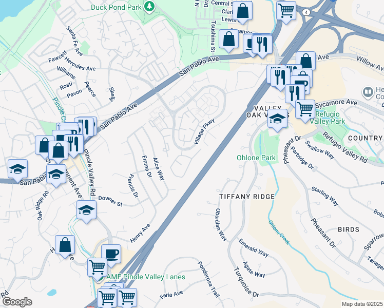 map of restaurants, bars, coffee shops, grocery stores, and more near 221 Scotts Valley in Hercules