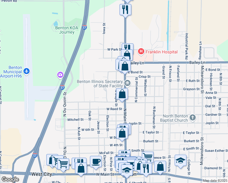 map of restaurants, bars, coffee shops, grocery stores, and more near W Grayson St in Benton