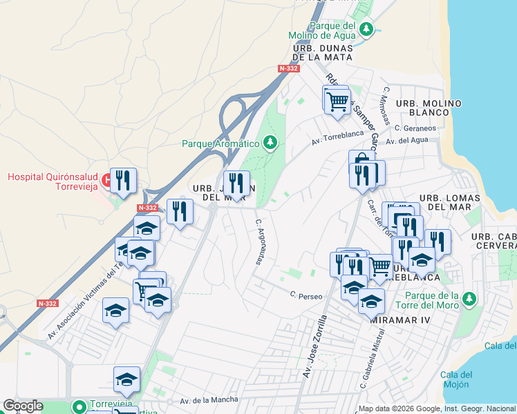 map of restaurants, bars, coffee shops, grocery stores, and more near 9 Calle Argonautas in Torrevieja