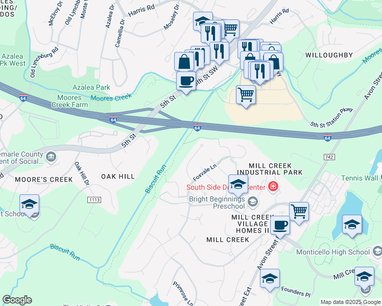 map of restaurants, bars, coffee shops, grocery stores, and more near 1170 Foxchase Ridge in Charlottesville