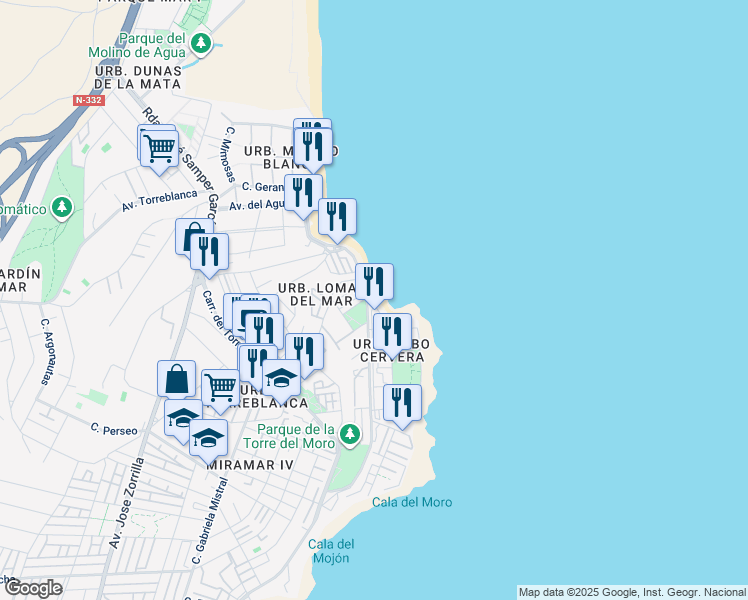 map of restaurants, bars, coffee shops, grocery stores, and more near 10A Lugar Urbanizacion los Leandros in Torrevieja