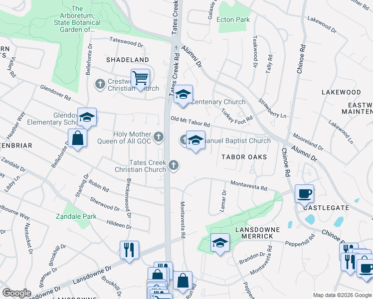 map of restaurants, bars, coffee shops, grocery stores, and more near 3100 Tates Creek Road in Lexington