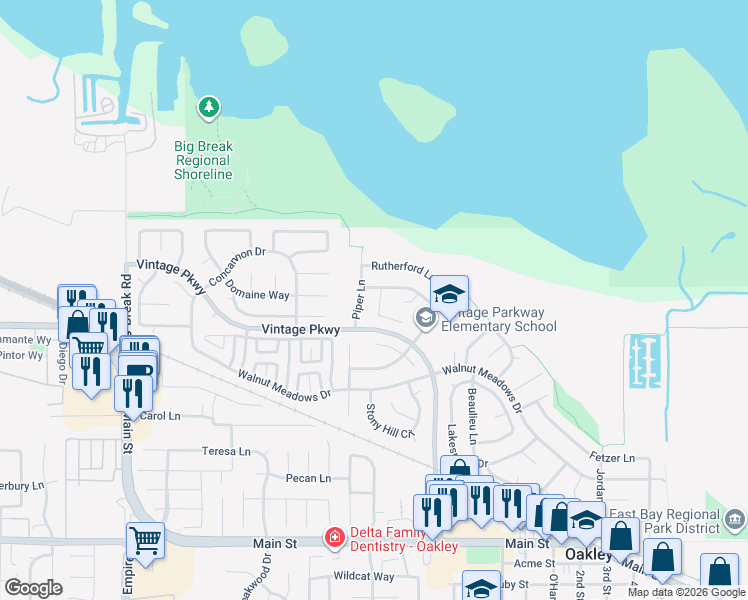 map of restaurants, bars, coffee shops, grocery stores, and more near 602 Bynum Court in Oakley