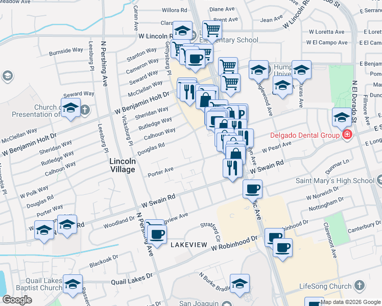 map of restaurants, bars, coffee shops, grocery stores, and more near 999 Porter Avenue in Stockton