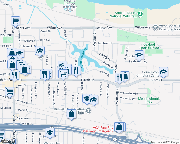 map of restaurants, bars, coffee shops, grocery stores, and more near 1710 Olive Lane in Antioch