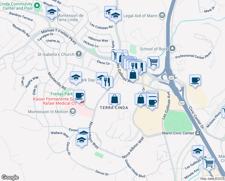 map of restaurants, bars, coffee shops, grocery stores, and more near 155 Nova Albion Way in San Rafael