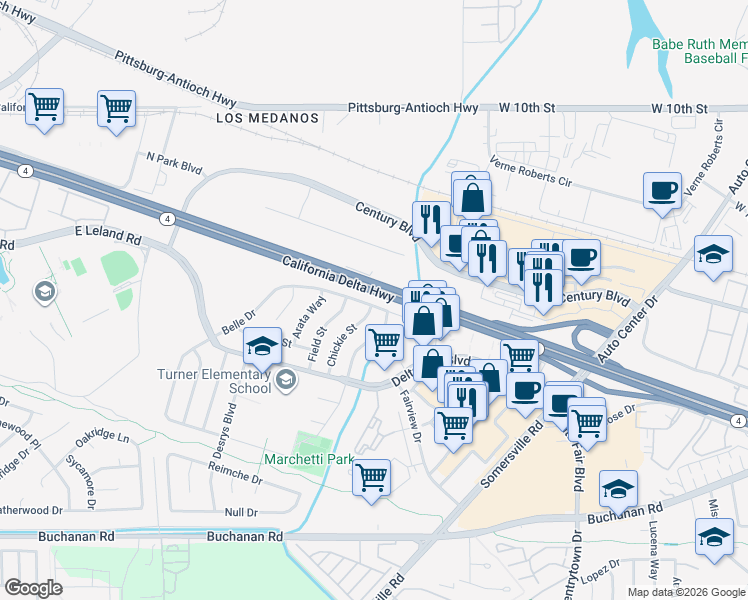 map of restaurants, bars, coffee shops, grocery stores, and more near 4100 Belle Drive in Antioch