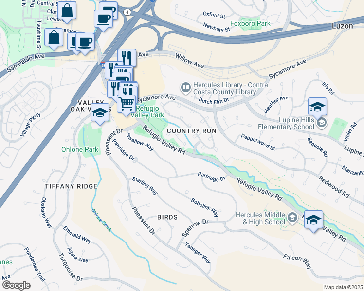 map of restaurants, bars, coffee shops, grocery stores, and more near in Hercules