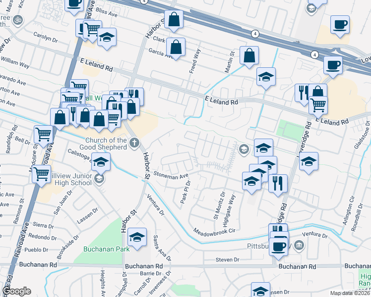 map of restaurants, bars, coffee shops, grocery stores, and more near 214 Maui Drive in Pittsburg