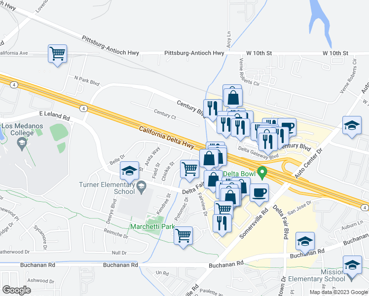 map of restaurants, bars, coffee shops, grocery stores, and more near 4100 Belle Drive in Antioch