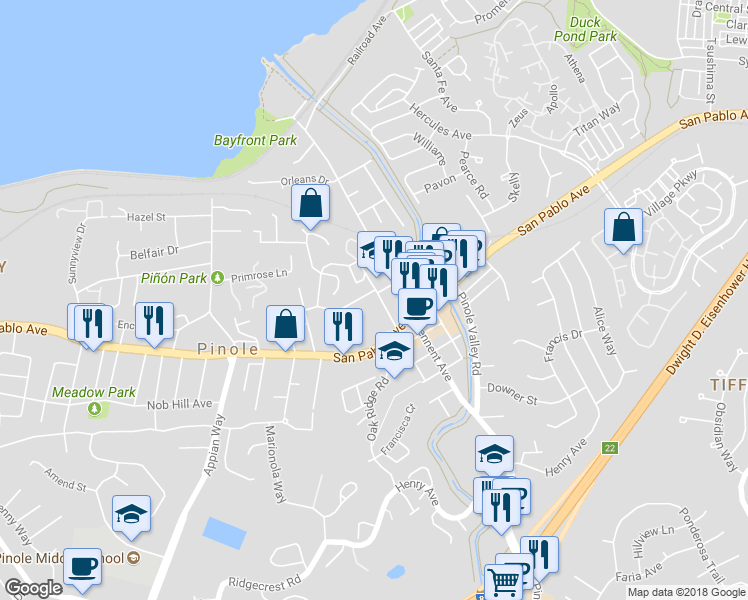map of restaurants, bars, coffee shops, grocery stores, and more near 610 Quinan Street in Pinole