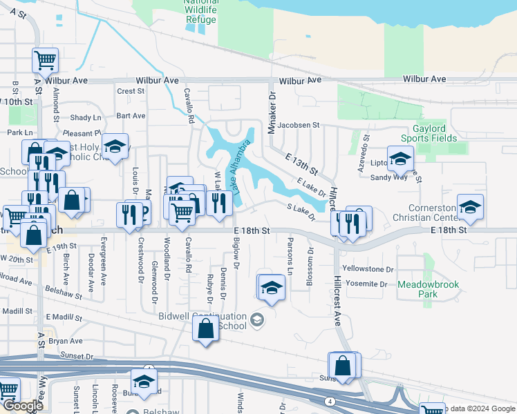 map of restaurants, bars, coffee shops, grocery stores, and more near 22 South Lake Drive in Antioch