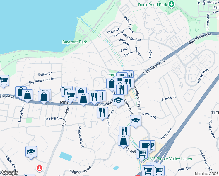 map of restaurants, bars, coffee shops, grocery stores, and more near 610 Quinan Street in Pinole