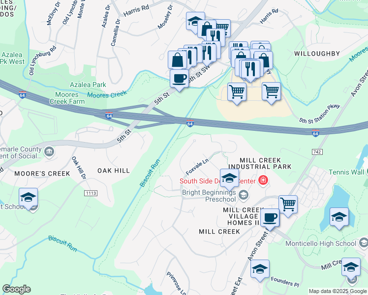 map of restaurants, bars, coffee shops, grocery stores, and more near 1170 Foxchase Ridge in Charlottesville