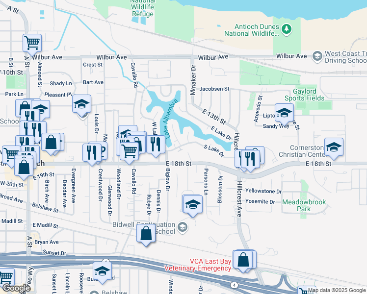 map of restaurants, bars, coffee shops, grocery stores, and more near 1710 Olive Lane in Antioch