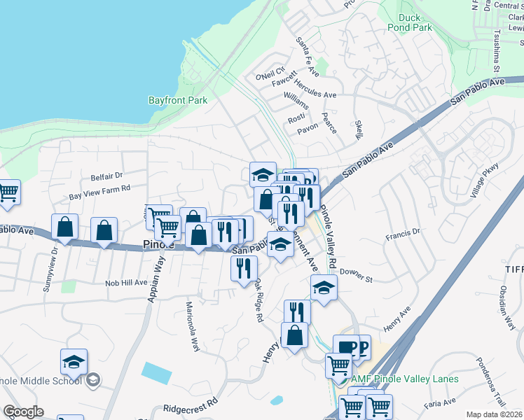 map of restaurants, bars, coffee shops, grocery stores, and more near 610 Quinan Street in Pinole