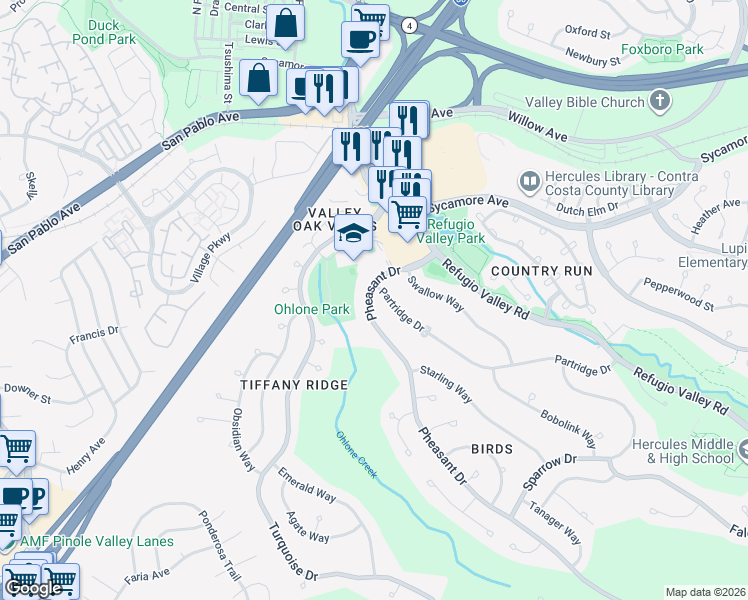 map of restaurants, bars, coffee shops, grocery stores, and more near 1723 Pheasant Drive in Hercules