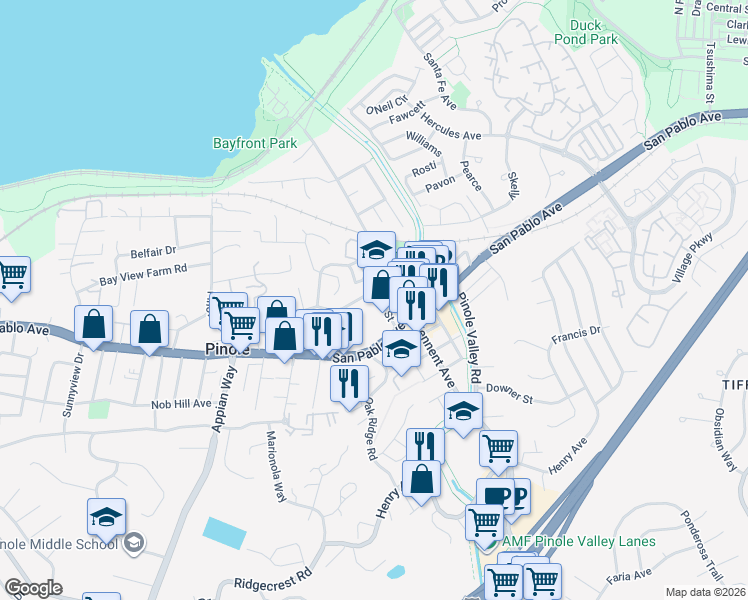 map of restaurants, bars, coffee shops, grocery stores, and more near 610 Quinan Street in Pinole