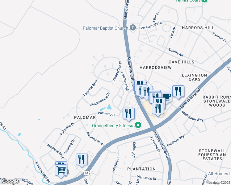 map of restaurants, bars, coffee shops, grocery stores, and more near 2242 Stone Garden Lane in Lexington