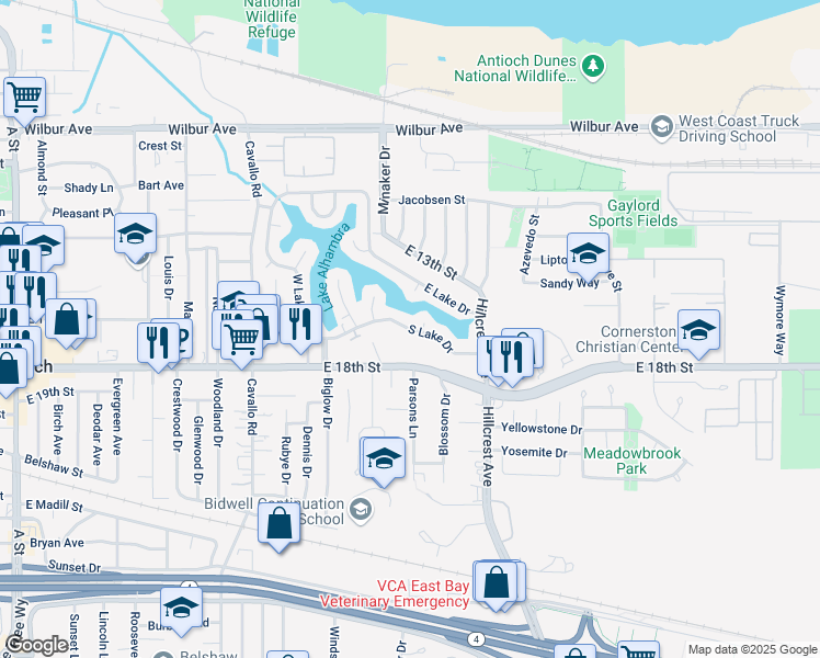 map of restaurants, bars, coffee shops, grocery stores, and more near 59 South Lake Drive in Antioch