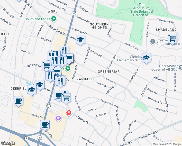 map of restaurants, bars, coffee shops, grocery stores, and more near 2037 Heather Way in Lexington