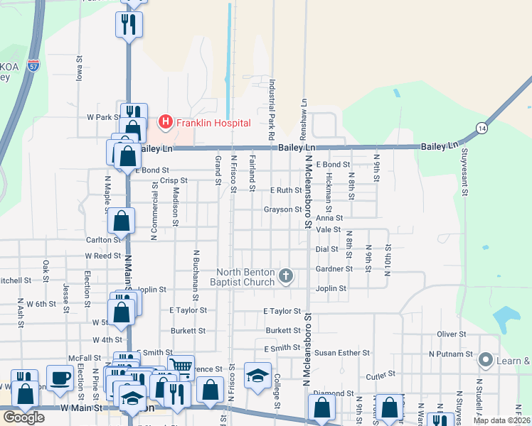 map of restaurants, bars, coffee shops, grocery stores, and more near 701-799 Anna Street in Benton