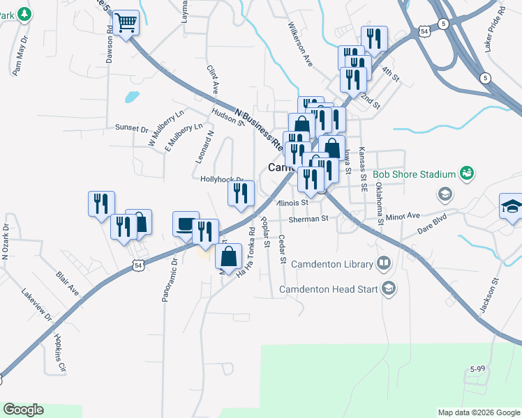 map of restaurants, bars, coffee shops, grocery stores, and more near 101 Keeney Street in Camdenton